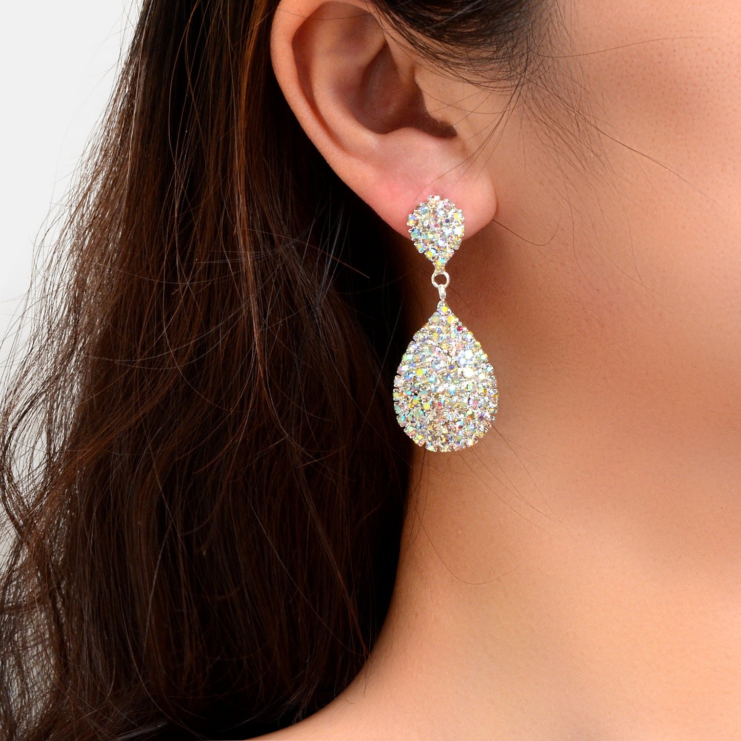 Luxurious Rhinestone Decor Silvery Water Drop Earrings Anniversary Wedding Jewelry