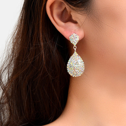 Luxurious Rhinestone Decor Silvery Water Drop Earrings Anniversary Wedding Jewelry
