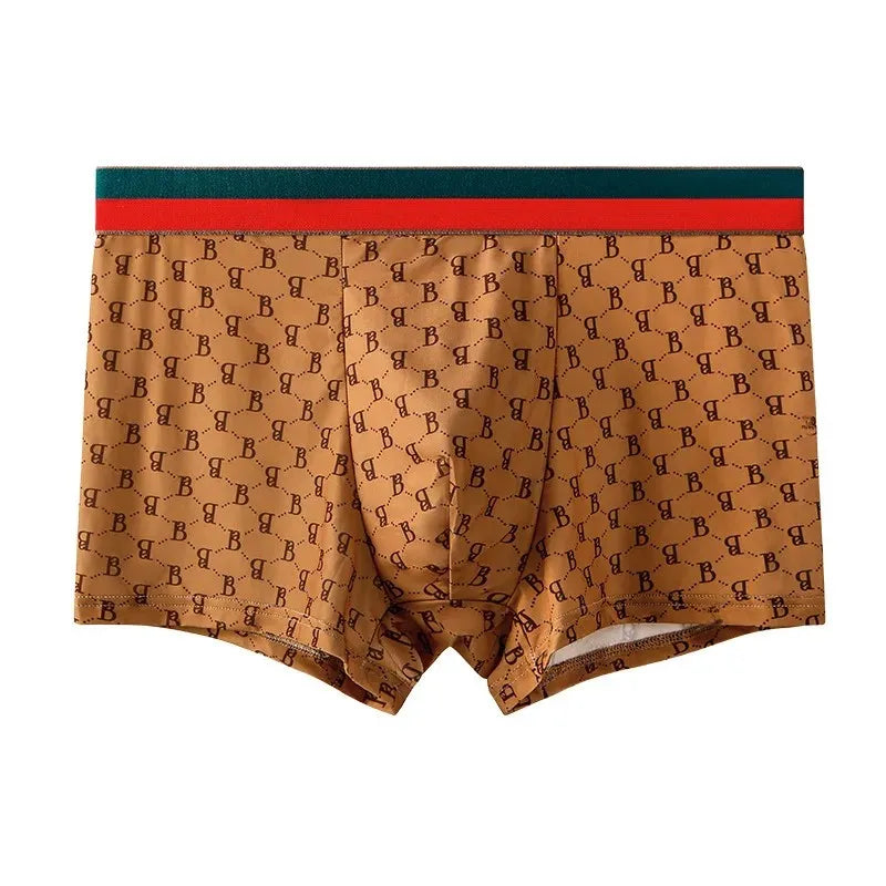 Men's Boxed Milk Silk Printed Briefs Breathable Flat Angle Underwear mid Waist Shorts Home Comfortable Underpants