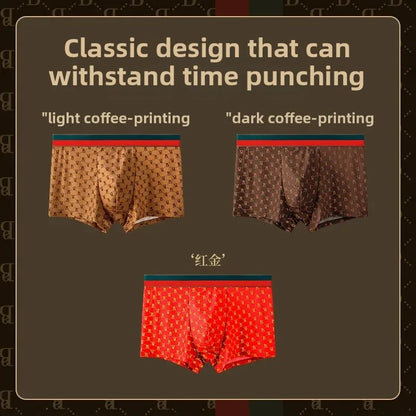Men's Boxed Milk Silk Printed Briefs Breathable Flat Angle Underwear mid Waist Shorts Home Comfortable Underpants