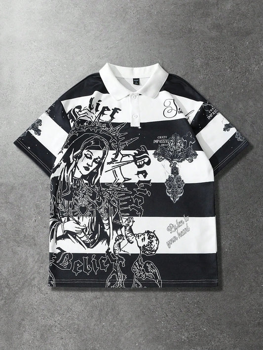 2026 Summer New Style Men's Short-Sleeved Polo Shirt with 3D Stripes Pattern Print - Street Casual Fashionable and Comfortable