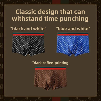 Men's Boxed Milk Silk Printed Briefs Breathable Flat Angle Underwear mid Waist Shorts Home Comfortable Underpants