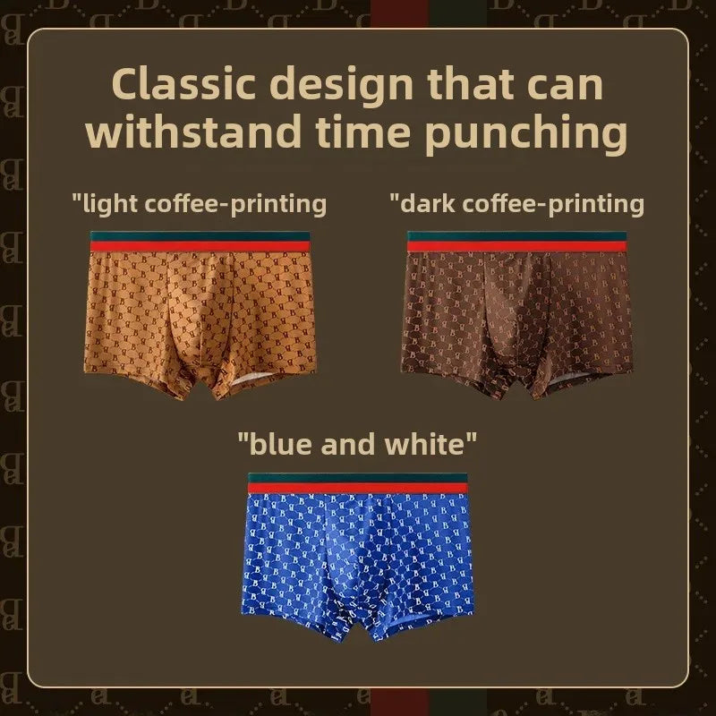 Men's Boxed Milk Silk Printed Briefs Breathable Flat Angle Underwear mid Waist Shorts Home Comfortable Underpants