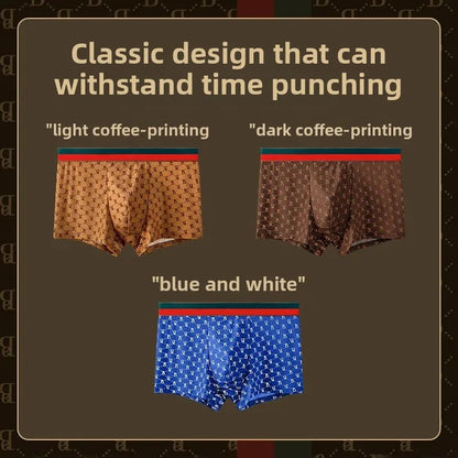 Men's Boxed Milk Silk Printed Briefs Breathable Flat Angle Underwear mid Waist Shorts Home Comfortable Underpants