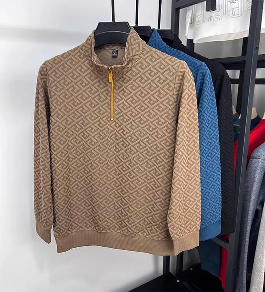 High end brand fashion jacquard long sleeve T-shirt men's casual sweater autumn trend Korean style half zipper collar pullover