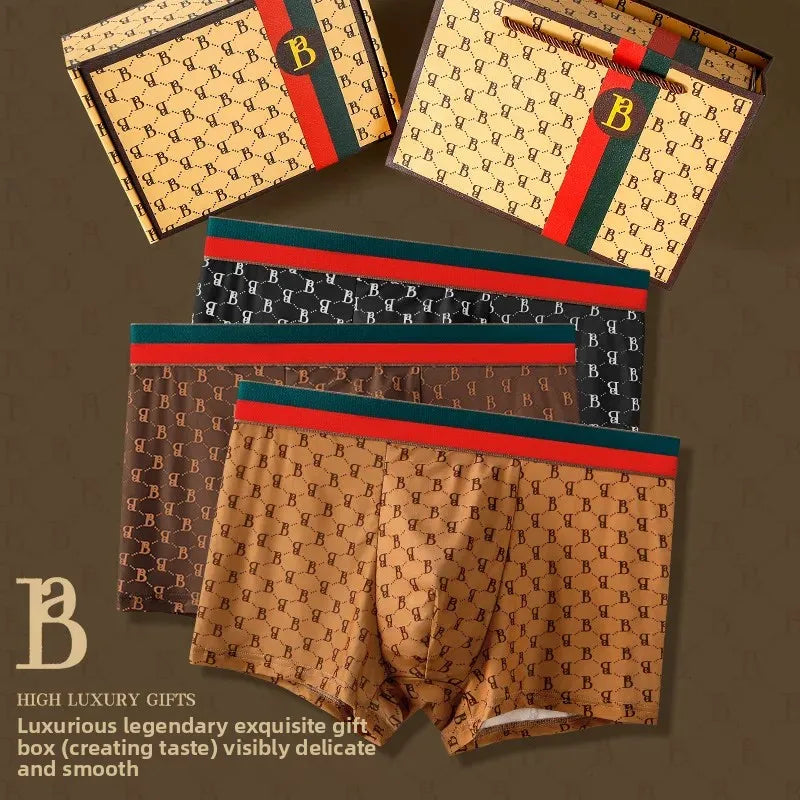 Men's Boxed Milk Silk Printed Briefs Breathable Flat Angle Underwear mid Waist Shorts Home Comfortable Underpants