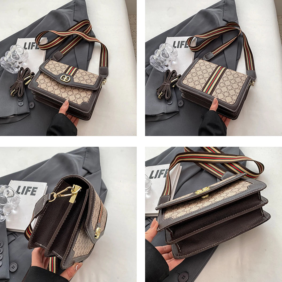 Fashion Classic Crossbody Bag Lightweight PU Flap Bag Adjustable Strap Geometric Print Logo Shoulder Bag For shopping Commuting