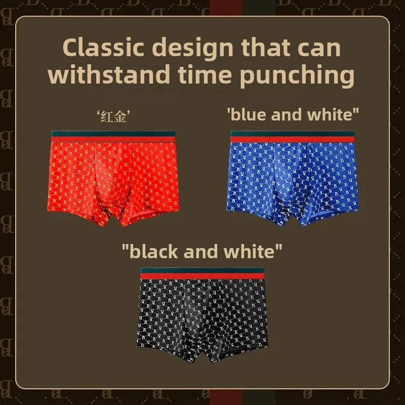 Men's Boxed Milk Silk Printed Briefs Breathable Flat Angle Underwear mid Waist Shorts Home Comfortable Underpants