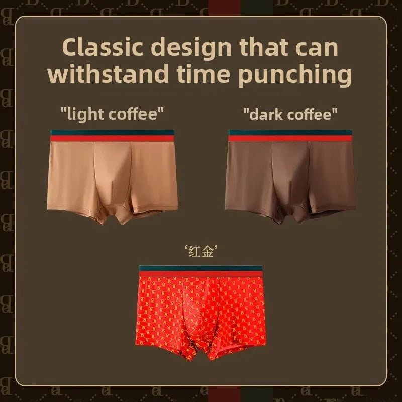 Men's Boxed Milk Silk Printed Briefs Breathable Flat Angle Underwear mid Waist Shorts Home Comfortable Underpants