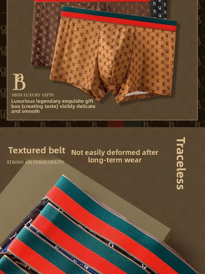 Men's Boxed Milk Silk Printed Briefs Breathable Flat Angle Underwear mid Waist Shorts Home Comfortable Underpants