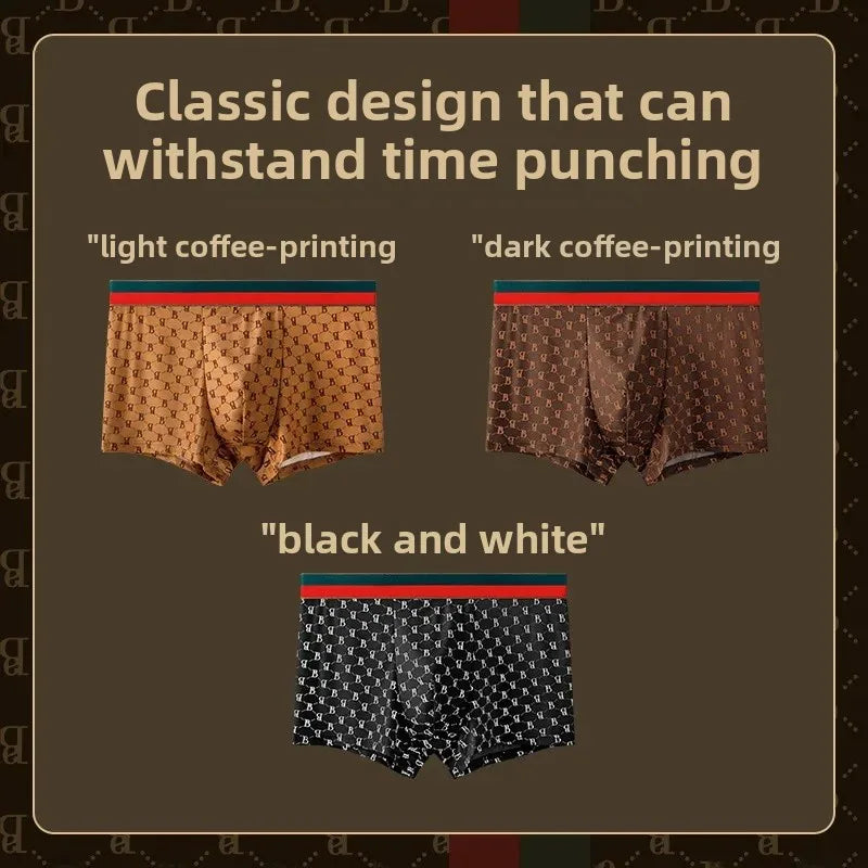 Men's Boxed Milk Silk Printed Briefs Breathable Flat Angle Underwear mid Waist Shorts Home Comfortable Underpants