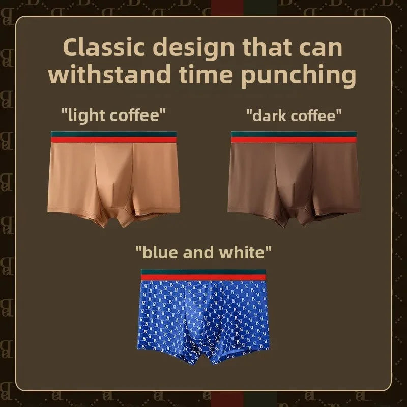 Men's Boxed Milk Silk Printed Briefs Breathable Flat Angle Underwear mid Waist Shorts Home Comfortable Underpants